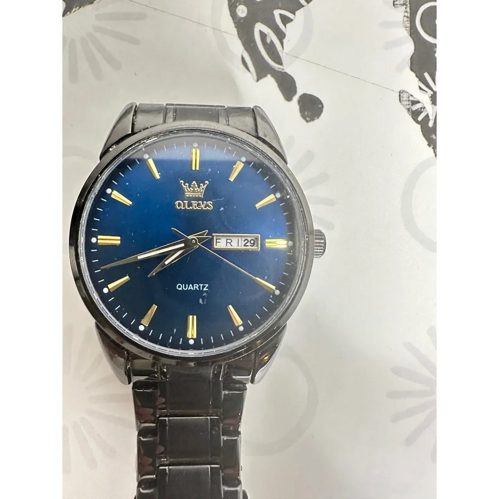 OLEVS Mens Quartz Watch Blue Dial Stainless Steel Black Band Day Date Wristwatch
